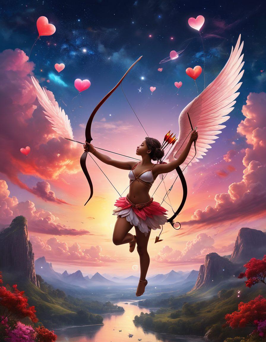 A whimsical scene depicting Cupid with wings, poised with a bow and arrow, surrounded by vibrant hearts and speech bubbles representing deep connections. Incorporate elements like starlit skies and soft clouds to symbolize heartfelt emotions, while emphasizing the beauty of concise communication. The atmosphere should exude warmth and intimacy, inviting viewers to explore meaningful interactions. super-realistic. vibrant colors. dreamy background.