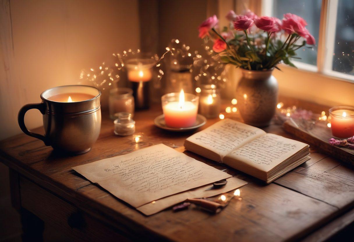 A cozy, intimate scene featuring a handwritten love note on a vintage wooden desk, surrounded by glowing candlelight, fresh flowers in a vase, and a steaming cup of tea. The background hints at soft, blurred fairy lights to evoke warmth and romance. The note itself is partially opened, revealing heartfelt words with delicate doodles. super-realistic. warm colors. soft focus.