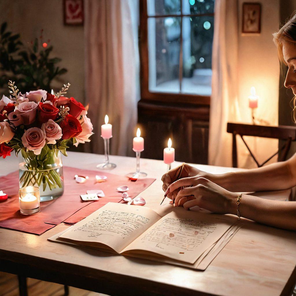 A cozy, intimate setting featuring a dimly lit table adorned with delicate love notes and a faint glow of candlelight. In the background, soft hues of pink and red envelop the scene, with a couple's hands gently touching over one note, conveying warmth and connection. Include subtle heart motifs floating in the air, symbolizing love and affection. watercolor style. warm colors. romantic ambiance.